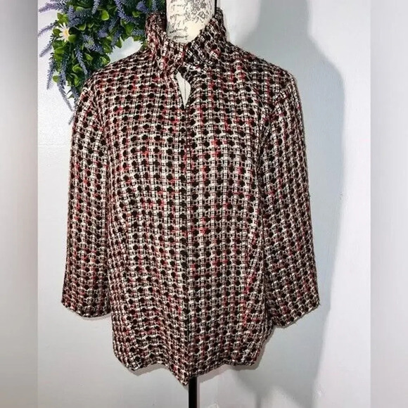 Chico’s 3, metallic tweed 3/4 sleeve puffed collar hook eye front closure jacket - Picture 2 of 6